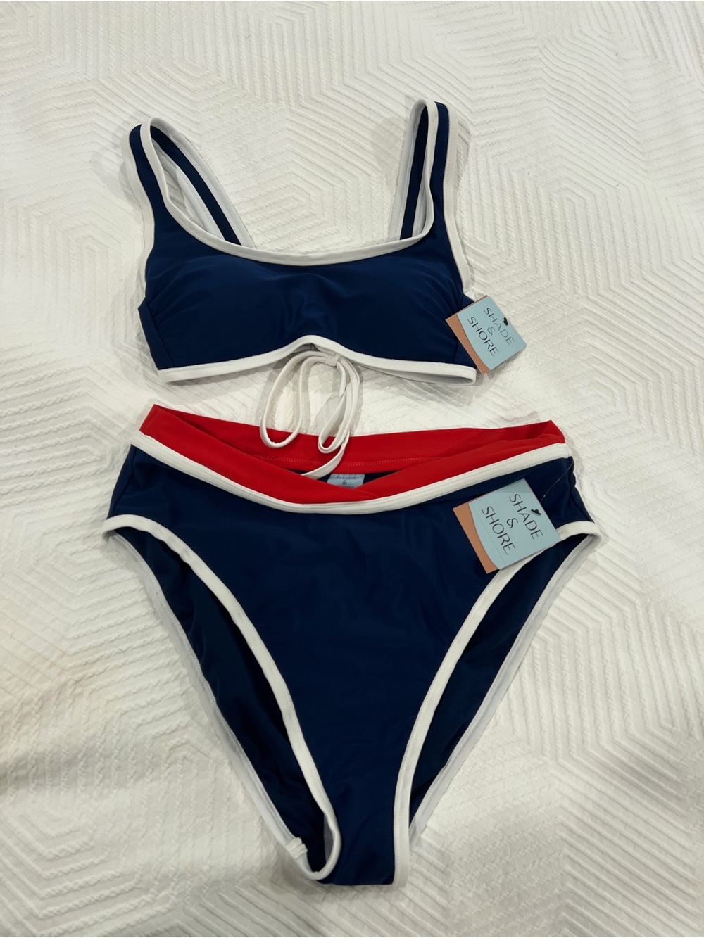 NWT SHADE & SHORE Navy and Red
Bikini with White Trim. Top Med, Bottom Large - Picture 2 of 7